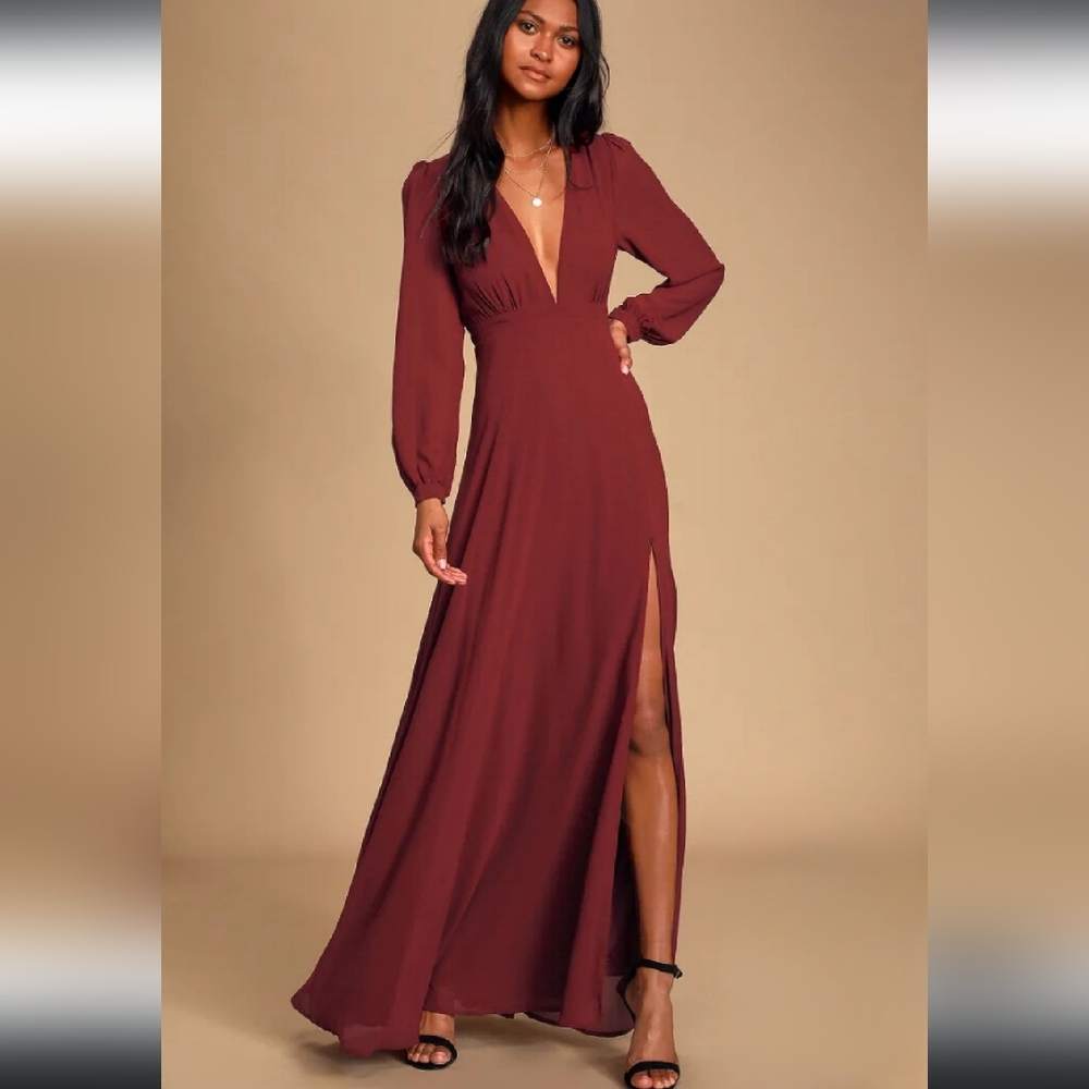 Lulu's Burgundy Long Sleeve Prom Dress